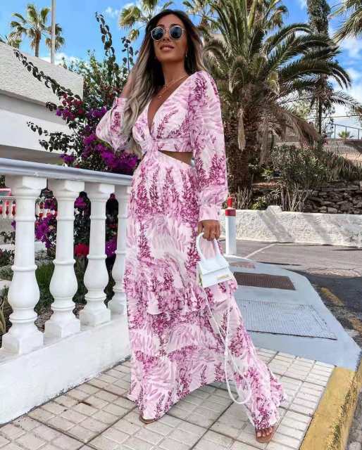 Beach Long Dress Sexy Hollow Out Boho Deep V Neck Summer Women's Dress 2021 Print Ruffle Party Long Sleeve Maxi Dresses Designer