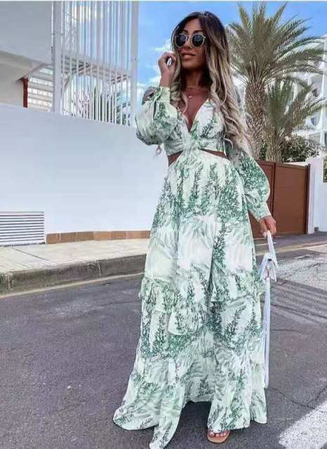 Beach Long Dress Sexy Hollow Out Boho Deep V Neck Summer Women's Dress 2021 Print Ruffle Party Long Sleeve Maxi Dresses Designer