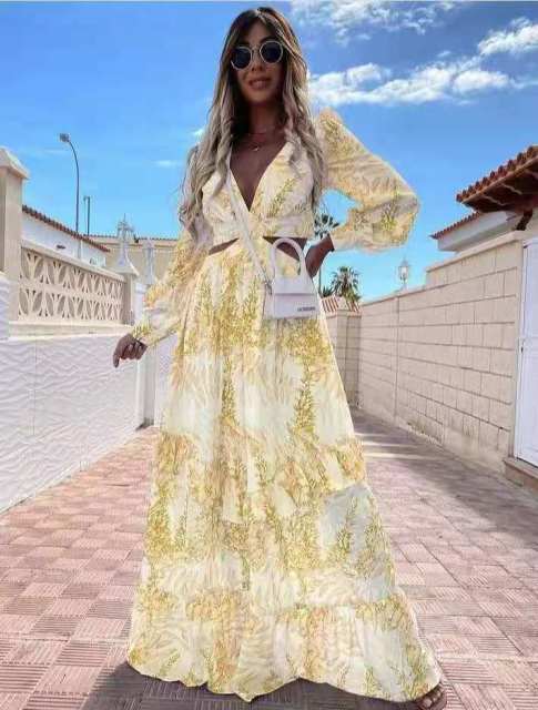 Beach Long Dress Sexy Hollow Out Boho Deep V Neck Summer Women's Dress 2021 Print Ruffle Party Long Sleeve Maxi Dresses Designer