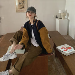 Colorblocking Over Size Female's Jacket Patchwork Casual Women Coats for Autumn Winter Jackets Korean Women's Baseball Uniform