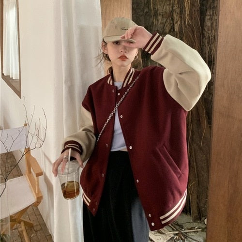 Colorblocking Over Size Female's Jacket Patchwork Casual Women Coats for Autumn Winter Jackets Korean Women's Baseball Uniform