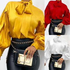 Lizakosht Lugentolo Lantern Sleeve Shirt Women Vintage Bow Tie Spring Loose Casual Solid Color Women Blouses