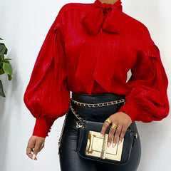 Lizakosht Lugentolo Lantern Sleeve Shirt Women Vintage Bow Tie Spring Loose Casual Solid Color Women Blouses