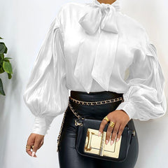 Lizakosht Lugentolo Lantern Sleeve Shirt Women Vintage Bow Tie Spring Loose Casual Solid Color Women Blouses