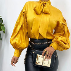 Lizakosht Lugentolo Lantern Sleeve Shirt Women Vintage Bow Tie Spring Loose Casual Solid Color Women Blouses