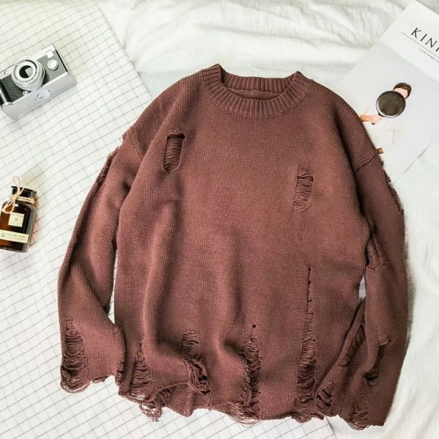 Wash Hole Ripped Knit Sweaters Men Women Streetwear Hip Hop Pullovers Jumper Fashion Oversized All-match Men Winter Clothes