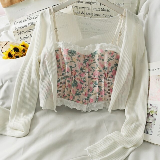 Summer 2 Piece Set Tops Women Vintage Floral Strap Vest+ Long Sleeve Elegant Slim Blouse Female Korea Style Y2k Short Suit