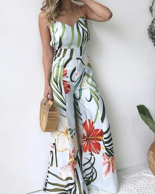 Floral print wide leg pants rompers jumpsuits womens Spaghetti strap long summer jumpsuit 2021  Fashion causal overalls femme