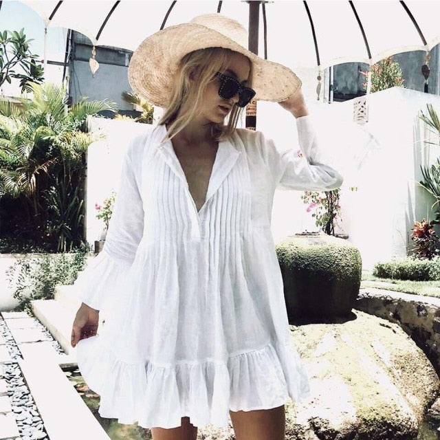 Women Swimsuit Cover Up Sleeve Kaftan Beach Tunic Dress Robe De Plage Solid White Cotton Pareo  High Collar Beachwear