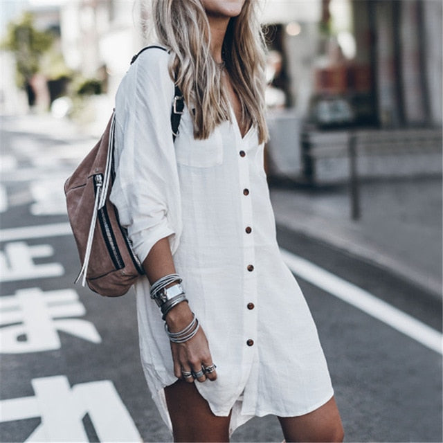 Women Swimsuit Cover Up Sleeve Kaftan Beach Tunic Dress Robe De Plage Solid White Cotton Pareo  High Collar Beachwear