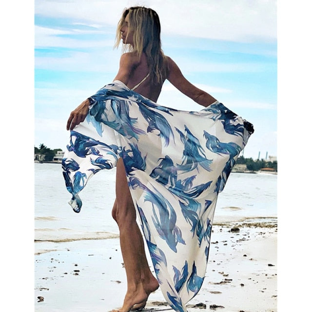 Women Swimsuit Cover Up Sleeve Kaftan Beach Tunic Dress Robe De Plage Solid White Cotton Pareo  High Collar Beachwear