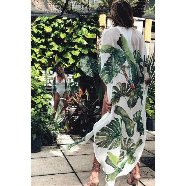 Women Swimsuit Cover Up Sleeve Kaftan Beach Tunic Dress Robe De Plage Solid White Cotton Pareo  High Collar Beachwear