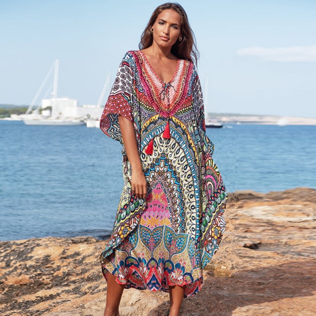 Women Swimsuit Cover Up Sleeve Kaftan Beach Tunic Dress Robe De Plage Solid White Cotton Pareo  High Collar Beachwear