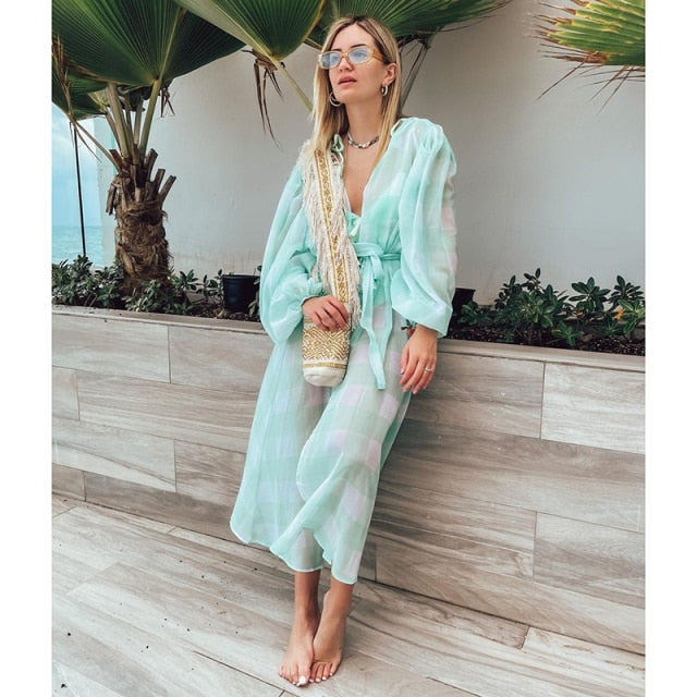 Women Swimsuit Cover Up Sleeve Kaftan Beach Tunic Dress Robe De Plage Solid White Cotton Pareo  High Collar Beachwear