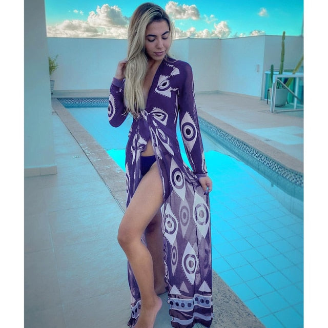 Women Swimsuit Cover Up Sleeve Kaftan Beach Tunic Dress Robe De Plage Solid White Cotton Pareo  High Collar Beachwear
