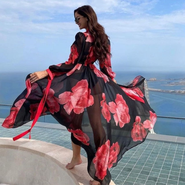 Women Swimsuit Cover Up Sleeve Kaftan Beach Tunic Dress Robe De Plage Solid White Cotton Pareo  High Collar Beachwear