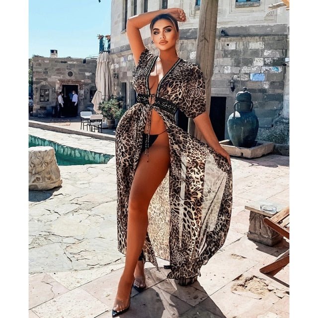 Women Swimsuit Cover Up Sleeve Kaftan Beach Tunic Dress Robe De Plage Solid White Cotton Pareo  High Collar Beachwear