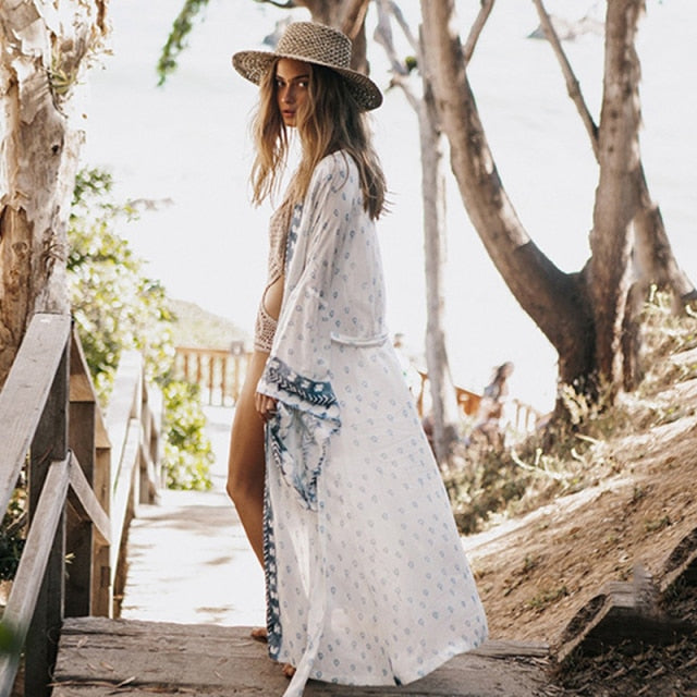 Women Swimsuit Cover Up Sleeve Kaftan Beach Tunic Dress Robe De Plage Solid White Cotton Pareo  High Collar Beachwear