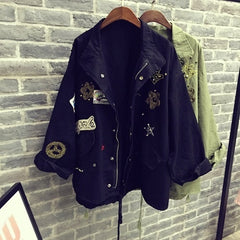 Women Cotton Jacket Coat Casual Women Bomber jacket Embroidery Applique Rivets Oversize Women Coat Army Green Cotton Coat