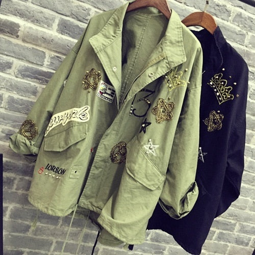 Women Cotton Jacket Coat Casual Women Bomber jacket Embroidery Applique Rivets Oversize Women Coat Army Green Cotton Coat
