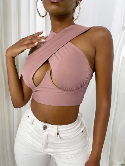 LIZAKOSHT  -  Women's Criss Cross Tank Tops Sexy Sleeveless Solid Color Cutout Front Crop Tops Party Club Streetwear Summer Lady Bustier Tops