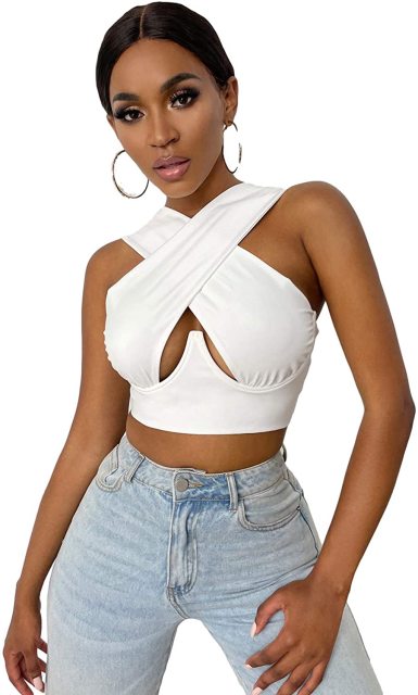 LIZAKOSHT  -  Women's Criss Cross Tank Tops Sexy Sleeveless Solid Color Cutout Front Crop Tops Party Club Streetwear Summer Lady Bustier Tops