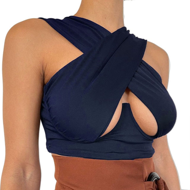 LIZAKOSHT  -  Women's Criss Cross Tank Tops Sexy Sleeveless Solid Color Cutout Front Crop Tops Party Club Streetwear Summer Lady Bustier Tops