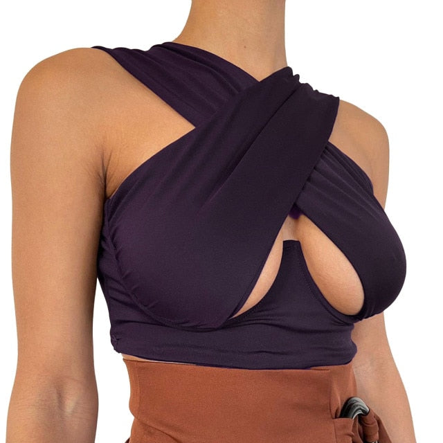 LIZAKOSHT  -  Women's Criss Cross Tank Tops Sexy Sleeveless Solid Color Cutout Front Crop Tops Party Club Streetwear Summer Lady Bustier Tops