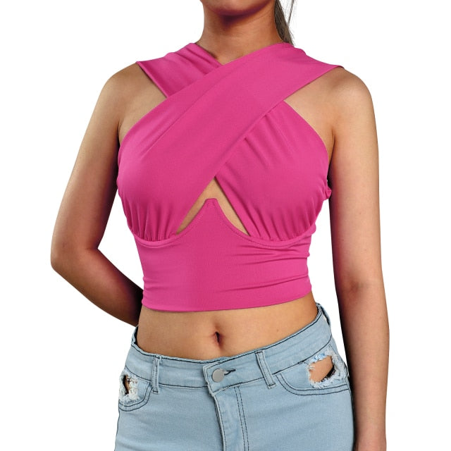 LIZAKOSHT  -  Women's Criss Cross Tank Tops Sexy Sleeveless Solid Color Cutout Front Crop Tops Party Club Streetwear Summer Lady Bustier Tops