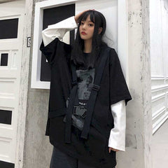 Fake two-piece printed round neck long-sleeved shirt women's loose bandage was thin and wild loose top super fire Harajuku stree