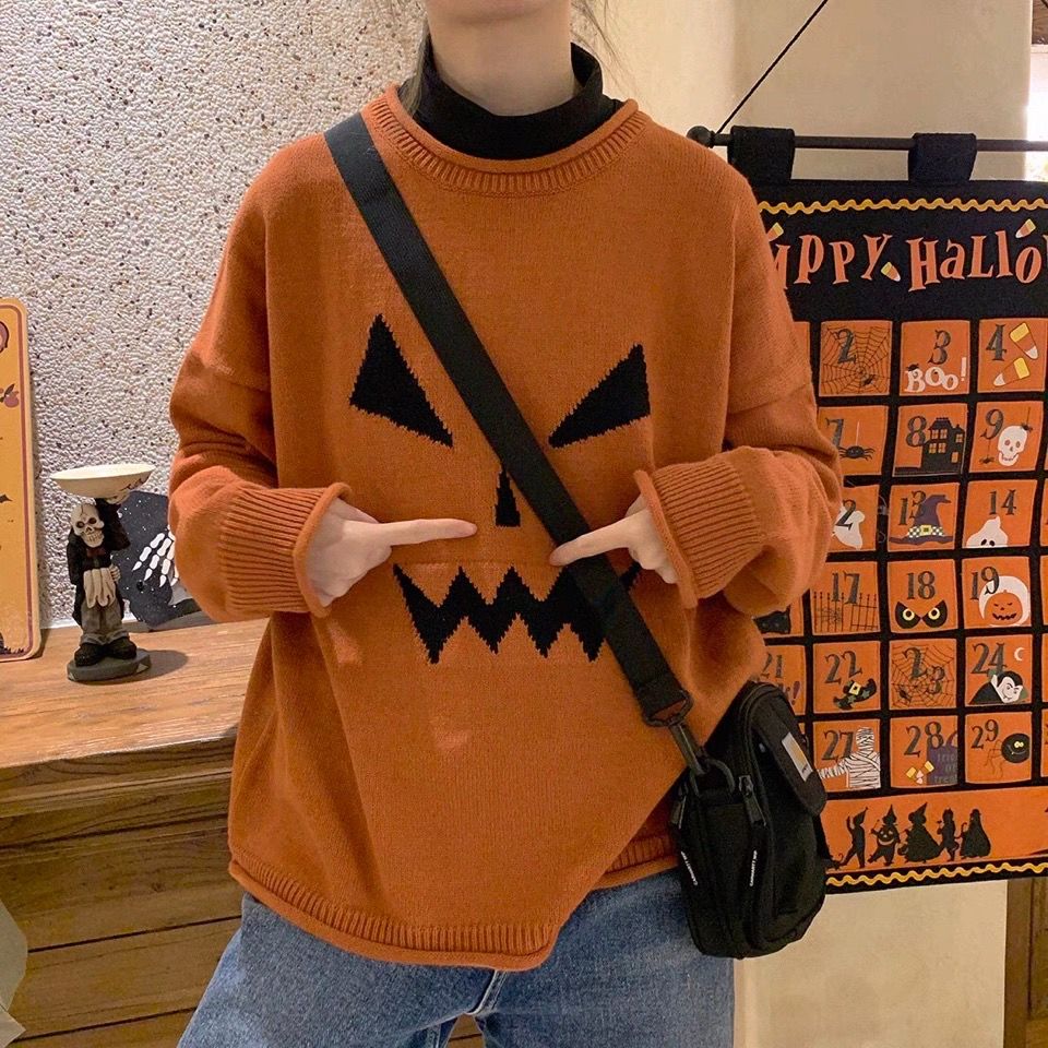 Women's Knitted  Pullover Halloween Vintage Pumpkin Faces Orange Sweater Wholesale 2021 New Fashion Female Winter Clothing