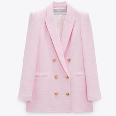 Spring Autumn Women Fashion Vintage White Pink Tweed Blazers And Jackets Chic Button Office Suit Coat Ladies Elegant Outwear
