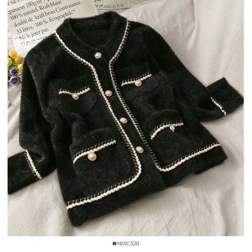 New Mink Cashmere Loose Sweater Cardigan Jacket Women Autumn and Winter Short Bright Silk Stripe Thickened Knitted Top Coat