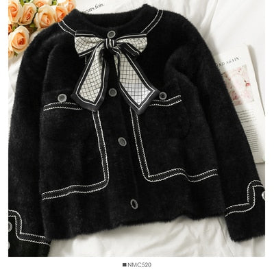 New Mink Cashmere Loose Sweater Cardigan Jacket Women Autumn and Winter Short Bright Silk Stripe Thickened Knitted Top Coat