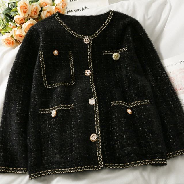 New Mink Cashmere Loose Sweater Cardigan Jacket Women Autumn and Winter Short Bright Silk Stripe Thickened Knitted Top Coat