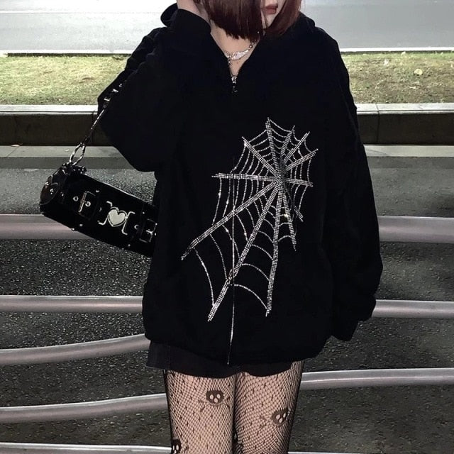 Zip-up Y2K Harajuku Oversized Skeleton hoodie Goth Hoodies Female Women Grunge Hooded with zipper Hood Skull Sweatshirt Women