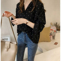 Muiches Casual Deep V-Neck Polka Dot Print Long Sleeve Blouse Woman Single Breasted Pocket Office Work Chiffon Tops 2021 New