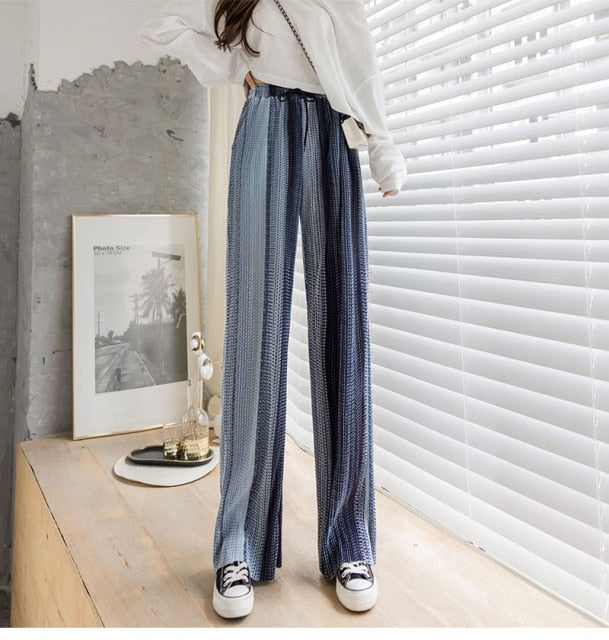 Large Size Female Bohemian Printed Irregular Split Fashion New Casual Retro Elastic Waist Was Thin Drape Wide-Leg Pants