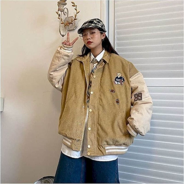 Bear corduroy jacket men women 2021 spring autumn new Korean loose BF Japan Kawaii bear baseball uniform jacket punk streetwear