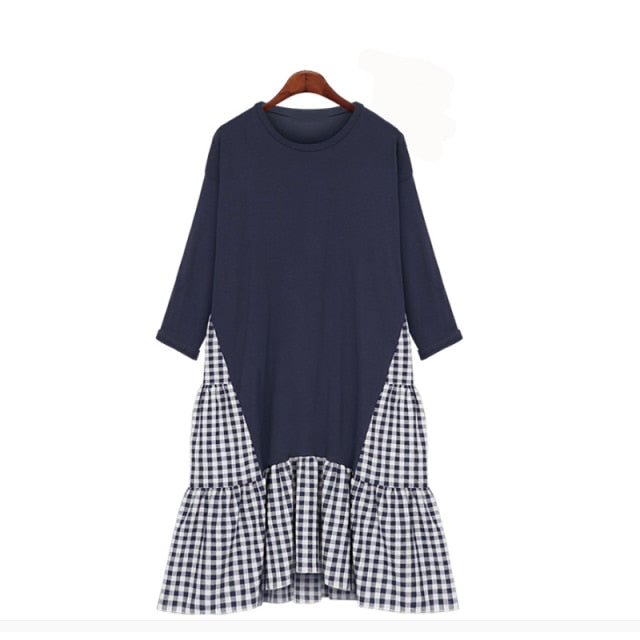 Autumn Women Plus Size XL-5XL Ladies Long Sleeve T-Shirt Dress Patchwork Print Robe Fake Two Piece Dress D08108R