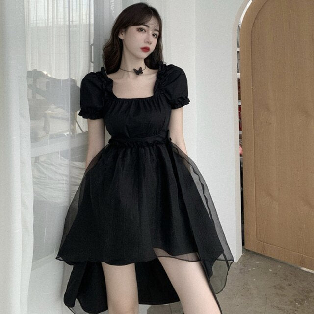 Summer Square Collar Women Dress Short Sleeve Solid Color Long Black Dresses Female Casual Clothes 2021 Irregular Vestidos