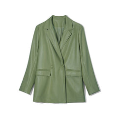 WOTWOY Autumn Winter Oversized Leather Jackets Women Turn-down Collar Casual Blazers Female Green Pink Basic Outerwear Coat 2021