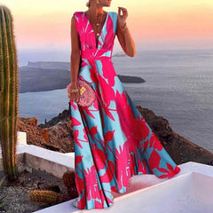 Lizakosht  Summer Retro Floral Printed Party Long Dress Women Elegant Sexy Deep V Neck Sleeveless Dress Ladies Fashion Beach Dresses