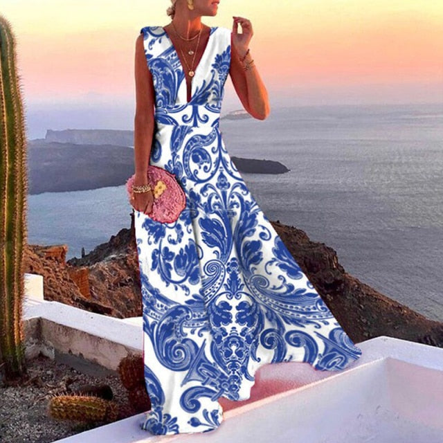 Lizakosht  Summer Retro Floral Printed Party Long Dress Women Elegant Sexy Deep V Neck Sleeveless Dress Ladies Fashion Beach Dresses