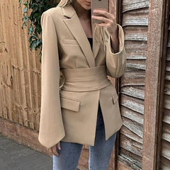 Lizakosht Blazer Women Spring Autumn Elegant Belt Long Sleeve Lace Up Office Ladies Slim Suit Coats Women Blazers