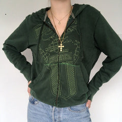 Y2K Aesthetic Women Hoodies With Pockets Vintage Graphic Printed Zipper Coat Top E-girl Sweatshirt Green Autumn Fairy Grunge