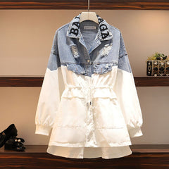 Patchwork Denim Women's Windbreaker Lapel Lantern Sleeve Hit Color Drawstring Plus Size  Jacket Coat Female Autumn Fashion BA