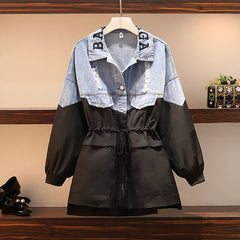 Patchwork Denim Women's Windbreaker Lapel Lantern Sleeve Hit Color Drawstring Plus Size  Jacket Coat Female Autumn Fashion BA