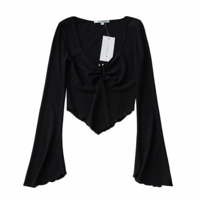 Summer new retro threaded trumpet sleeves micro-beam corset V-neck T-shirt women, sexy fungus pleated short top T-shirt women