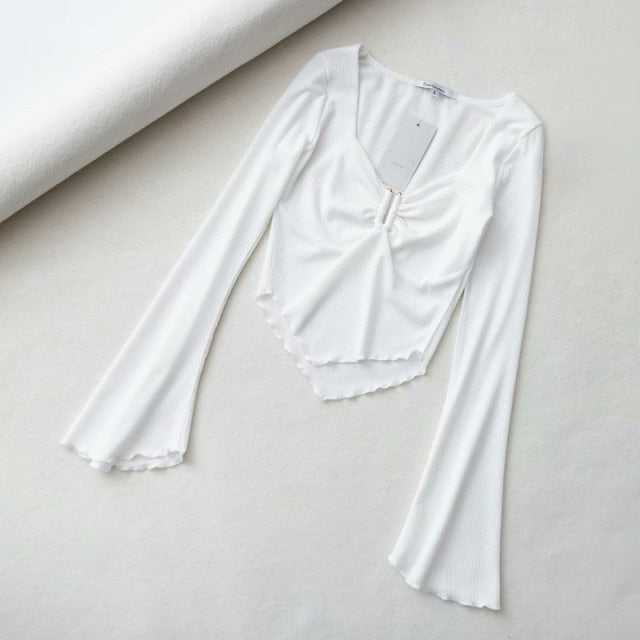 Summer new retro threaded trumpet sleeves micro-beam corset V-neck T-shirt women, sexy fungus pleated short top T-shirt women